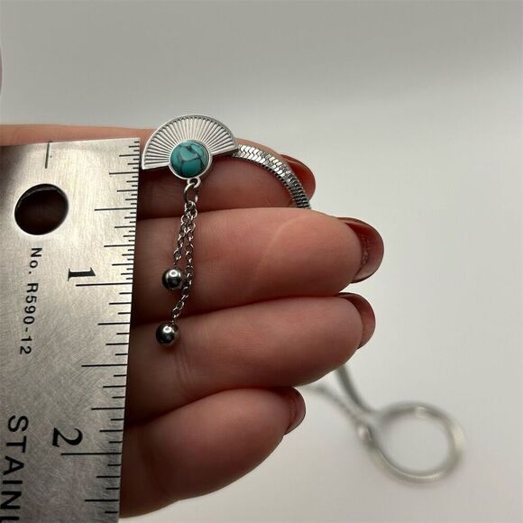 Silver Tone Classic Chic Faux Turquoise Tassel Pendant Necklace Adjustable 18" - Picture 6 of 12